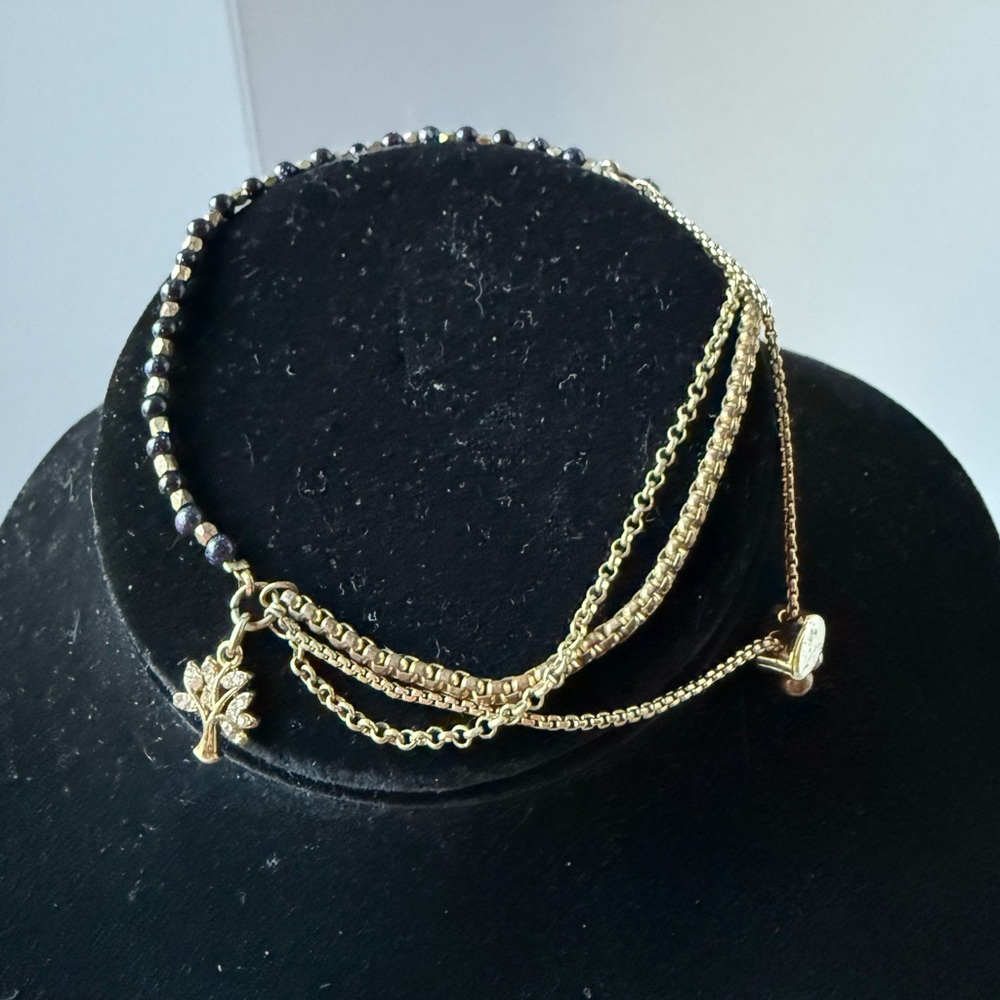 LA CN W/ Tree Charm & Blue Beads- Gold Tone Adjustable Bracelet